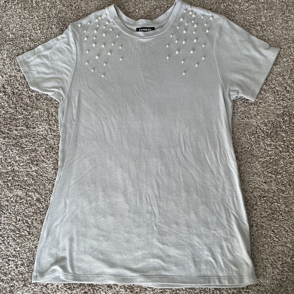 Express Shirt Womens Small Gray Pearl Detail Short Sleeve Tshirt Basic